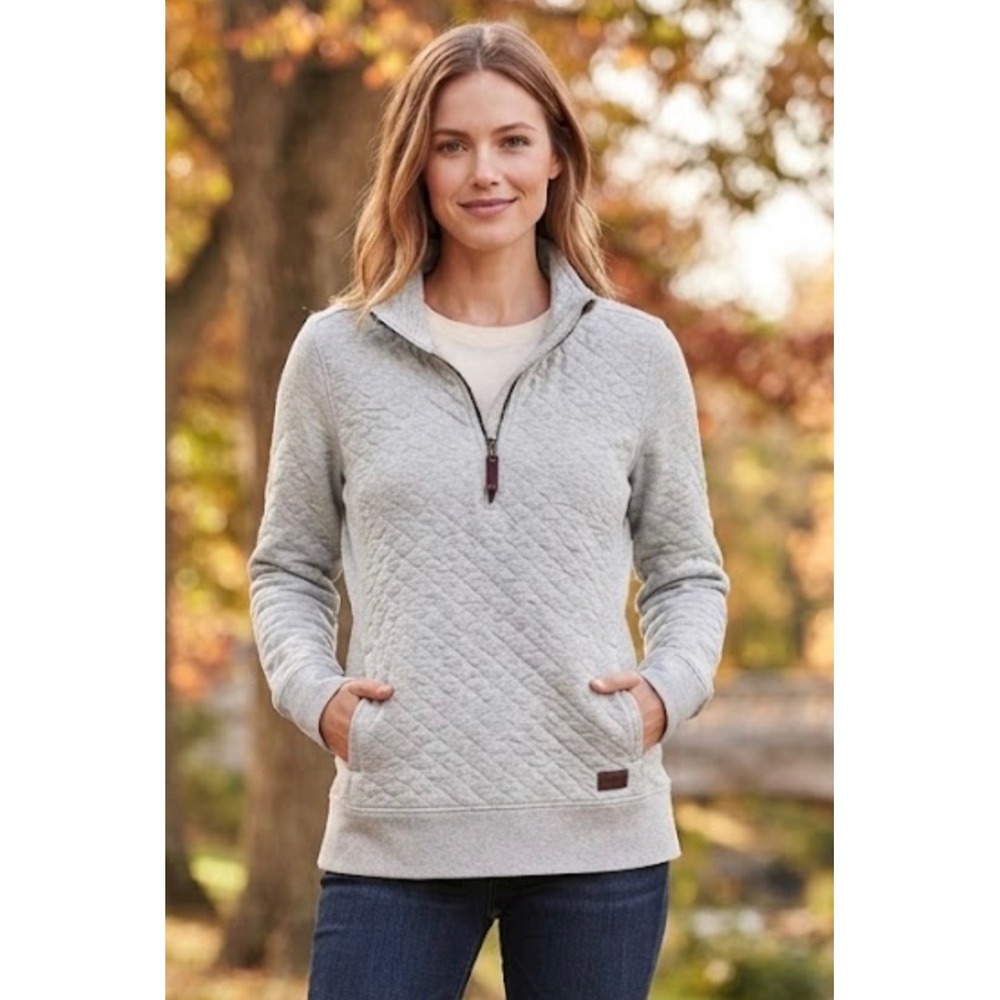 LL Bean Womens Light Gray Quilted Quarter Zip Pullover Sweatshirt Size M Regular